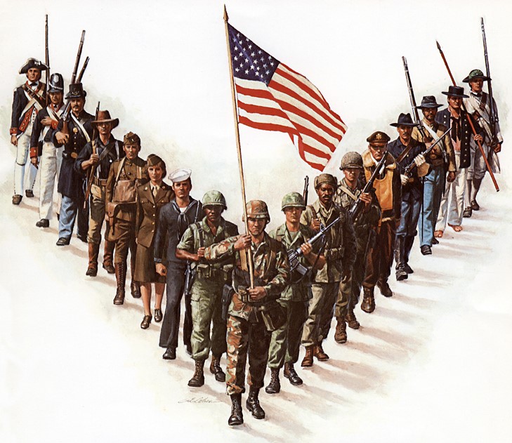 A V formation of American Soldiers throughout U.S. History with an American Flag at front center.