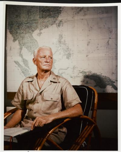 Nimitz, Commander in Chief, Pacific Fleet, in his office on Guam, in July 1945. USN Photo. Press Enter to Activate this item.