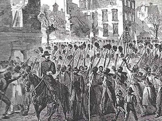 Colonel Charles Fox leads the 55th Massachusetts into Charleston, SC in 1865. Press Enter to Activate this item.