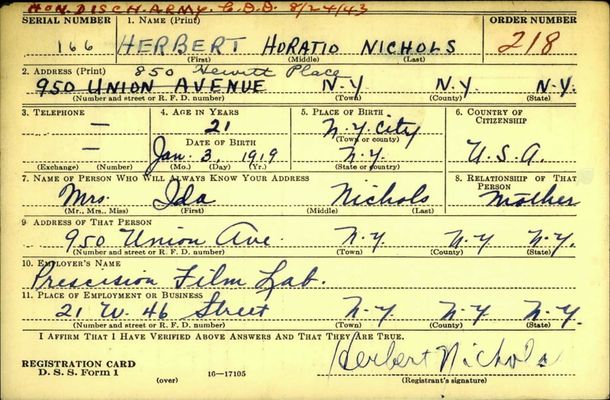 Nichols' WWII draft card Press Enter to Activate this item.