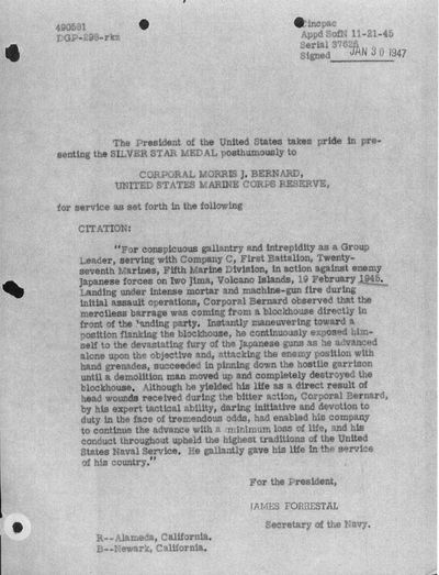 CPL Morris J Bernard Silver Star Citation Press Enter to Activate this item.