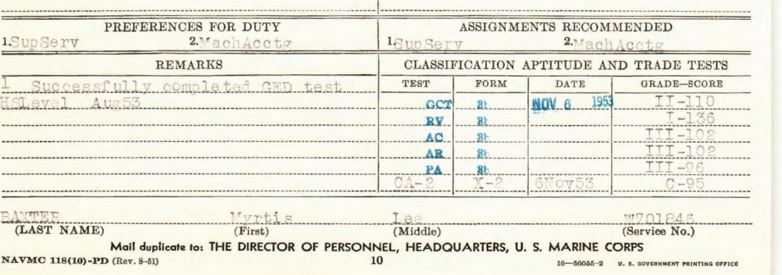 Documentation that Baker passed her GED test in 1953. Press Enter to Activate this item.