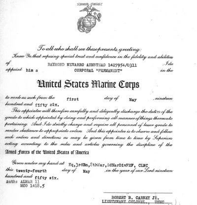 Raymond Armstead's certificate recognizing his promotion to corporal.
