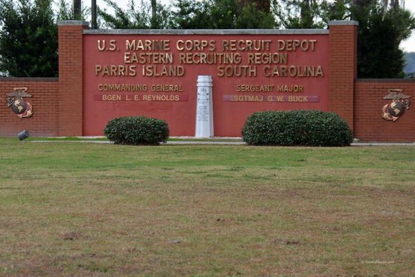 The entrance to the Marine Recruit Depot at Parris Island, South Carolina.