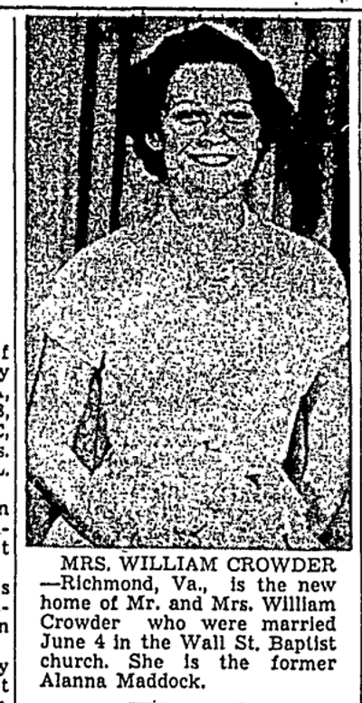 A wedding announcement and picture of Alanna Maddox Crowder as a bride.