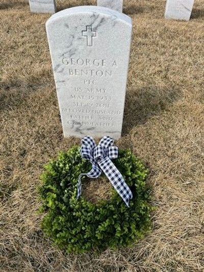 George Benton's grave at Washington Crossing National Cemetery with a small wreath. Press Enter to Activate this item.