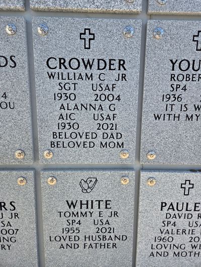 Columbarium niche for William and Alanna Crowder. The inscription reads, "Beloved Dad, Beloved Mom."