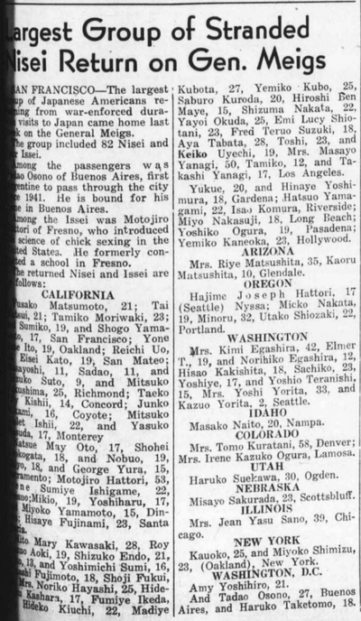 A newpaper article titled, "Largest Group of Stranded Nisei Return on Gen. Meigs." Press Enter to Activate this item.