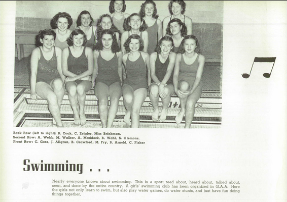 A team photo of the girl's swim team.