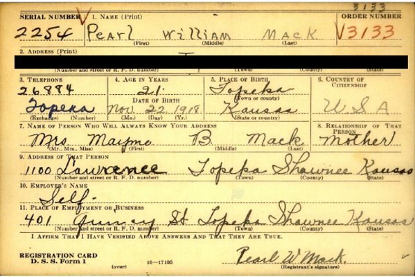 Pearl Mack, Jr.'s World War II draft registration card. Press Enter to Activate this item.