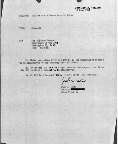 A letter from Blue requesting to be transferred to an infantry unit in Korea. Press Enter to Activate this item.